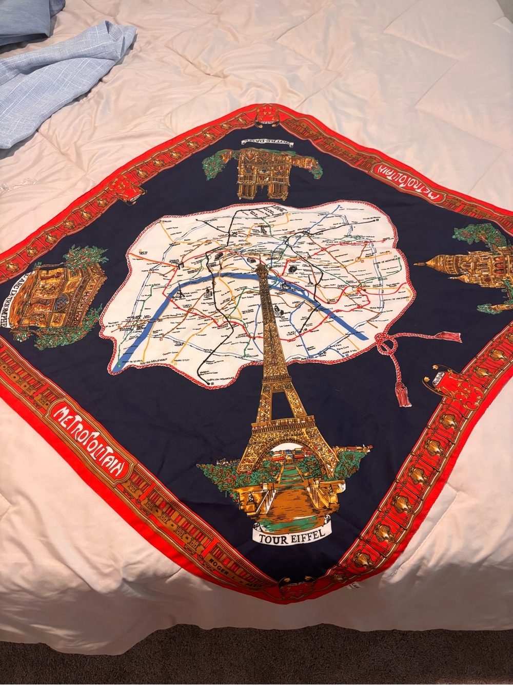 Tour Eiffel Wall Art Scarf - Navy Blue & Red Paris Map Accent
